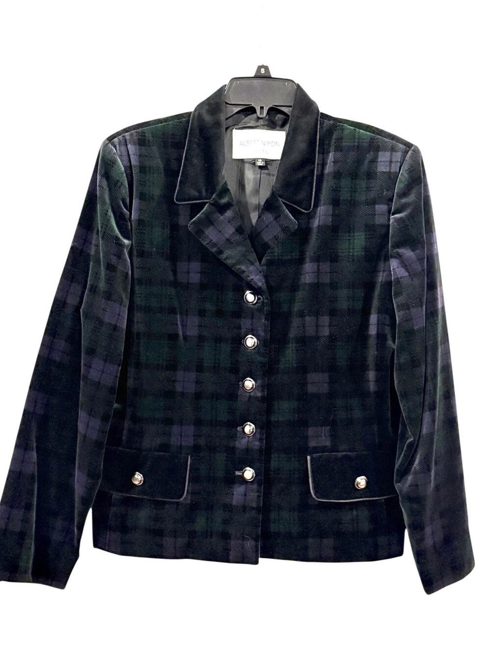 Albert Nipon Black Watch Plaid Green & Navy Velvet Blazer SZ 14 Dark Academia